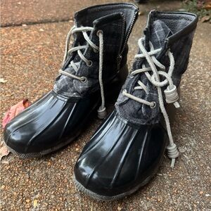 Women's Sperry Saltwater Black/Grey/White Plaid Wool Duck Boot Size 6 STS91005
